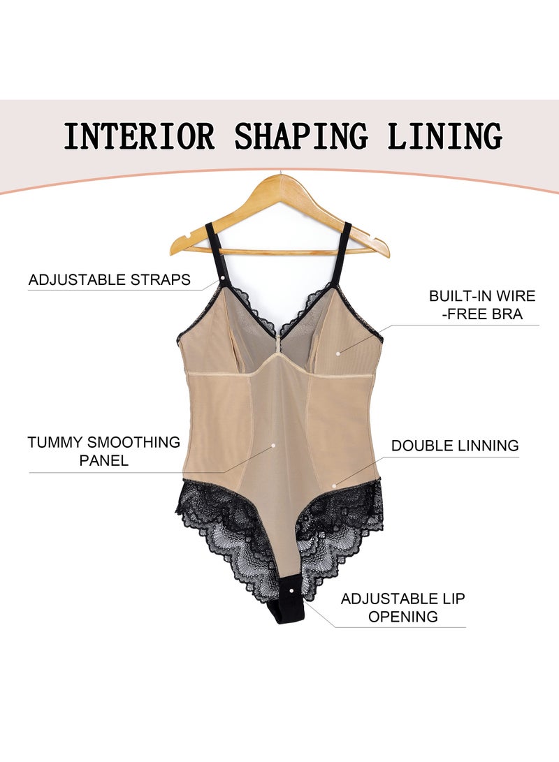 Lace Bodysuit for Women Tummy Control Backless One Piece Shapewear V Neck Tank Top Thong Style - Image 3