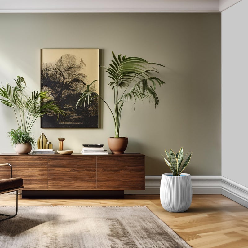 Kante 12.6" Dia x 14.6" H Dia Round Concrete Planter, Streamlined Fluted Large Plant Pot with Drainage Hole and Rubber Plug for Home, Patio, Garden, White Finish with Painted Interior - Image 5