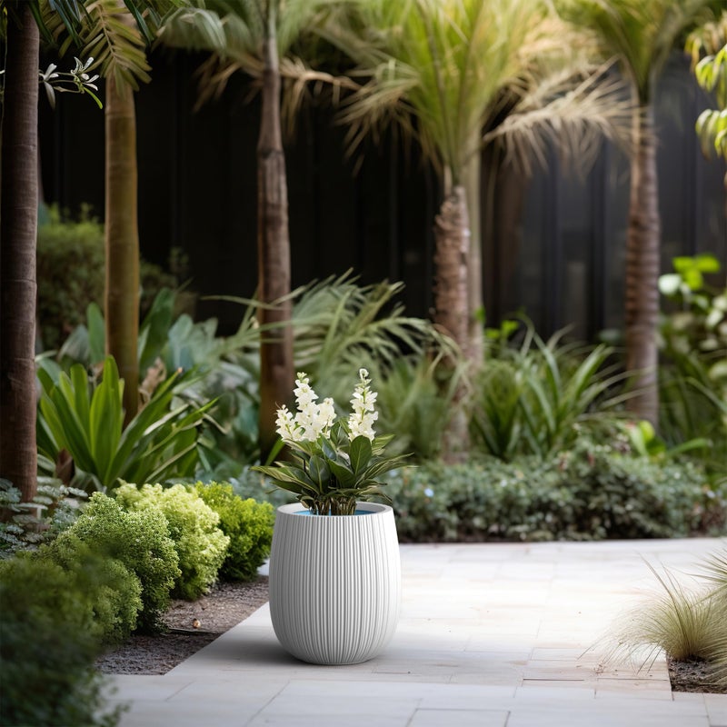 Kante 12.6" Dia x 14.6" H Dia Round Concrete Planter, Streamlined Fluted Large Plant Pot with Drainage Hole and Rubber Plug for Home, Patio, Garden, White Finish with Painted Interior - Image 3
