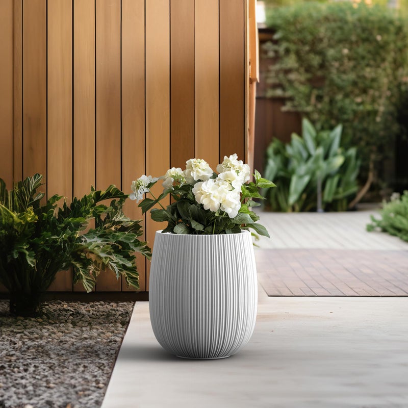 Kante 12.6" Dia x 14.6" H Dia Round Concrete Planter, Streamlined Fluted Large Plant Pot with Drainage Hole and Rubber Plug for Home, Patio, Garden, White Finish with Painted Interior - Image 4