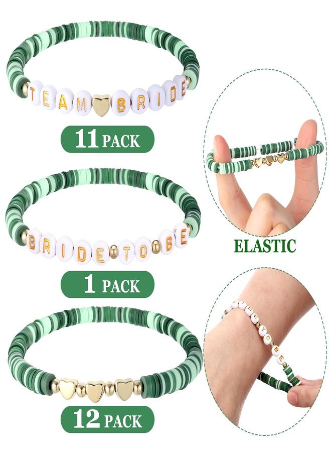 Loetere 24 Pack Wedding Sage Green Polymer Clay Letter Beaded Stretch Bracelet Team Bride Gold Heart Beaded Bracelet Gradient Green Bachelorette Party Favors for Bride Bridesmaid Friend Accessory Gift - Image 3
