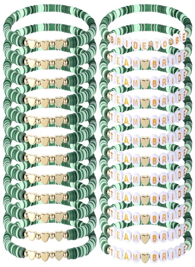 Loetere 24 Pack Wedding Sage Green Polymer Clay Letter Beaded Stretch Bracelet Team Bride Gold Heart Beaded Bracelet Gradient Green Bachelorette Party Favors for Bride Bridesmaid Friend Accessory Gift - Image 1