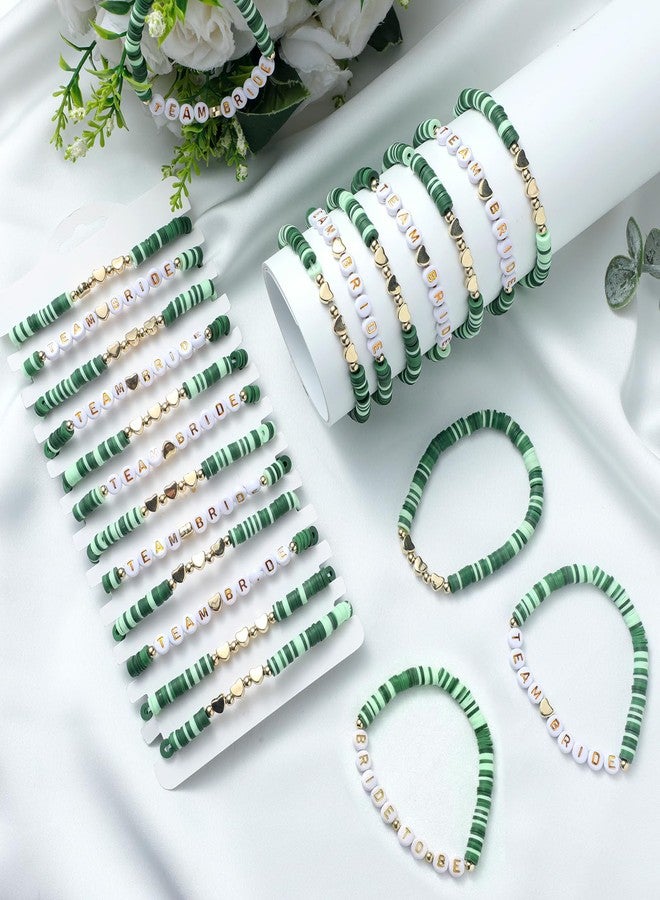 Loetere 24 Pack Wedding Sage Green Polymer Clay Letter Beaded Stretch Bracelet Team Bride Gold Heart Beaded Bracelet Gradient Green Bachelorette Party Favors for Bride Bridesmaid Friend Accessory Gift - Image 2