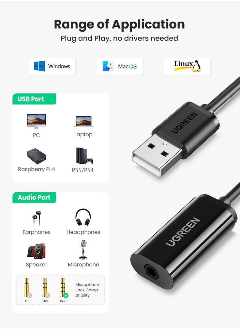 UGREEN USB Sound Card External Converter USB Audio Adapter with 3.5mm Aux Stereo Compatible with Headset PC Laptops Desktops PS4 PS5 Windows Mac and Linux Black