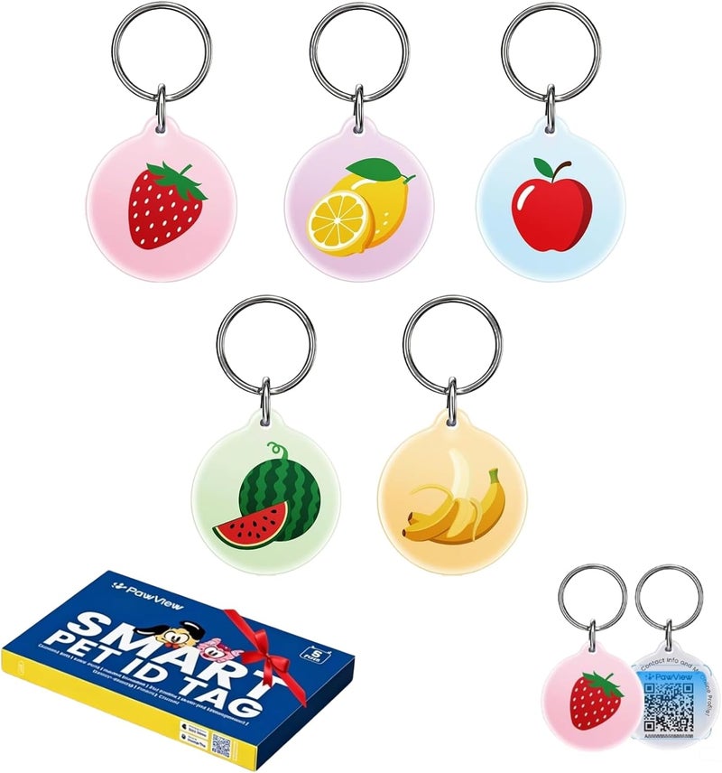 PawView [5-Pack] QR Code Pet ID Tags for Dogs & Cats – Cute Fruit Designs, Waterproof Smart Dog Tags Personalized, Scan QR for Instant Location Alert, Emergency Contact and Modifiable Pet Profile - Image 1