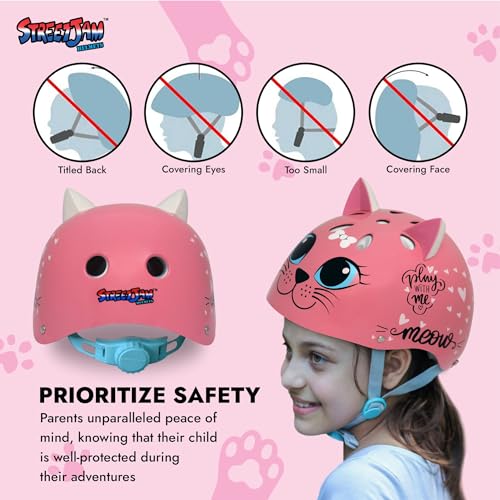 STREETJAM Kids Cycle Helmet Kitty Cat Open Face, Hard PP Outer Shell, EPS Inner Comfort Liner case, Adjustable Strap with Adjuster Dial, Skating, Sports (8-13 Years, Pink) - Image 5