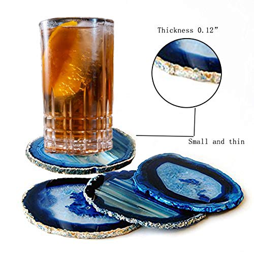JIC Gem Extra Blue 4-5"" Dyed Color Natural Agate Coasters Polished Geode Stone Coasters Agate Agate Slices Set of 4 with Protective Rubber Bumper Home Decorative - Image 4