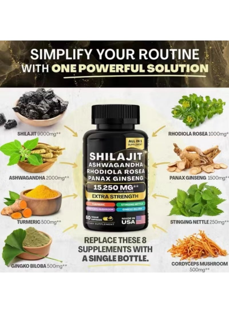 شيلاجيت آر إكس كبسولات شلاجيت الهيمالايا 15250 ملغ – تركيبة 7 في 1 (شلاجيت نقي، أشواغاندا، رهوديولا، الجنسنج، الكركم، الجنكة، القراص) – طاقة وتركيز وصحة طبيعية – 60 كبسولة نباتية - Image 2