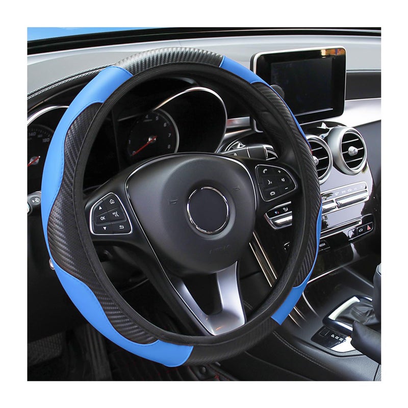 Osilly Car Steering Wheel Cover, 15 inch Carbon Fiber Microfiber PU Leather Elastic Steering Wheel Protector for Men Women, Anti-Slip Breathable Car Interior Accessories for Most Cars (Blue) - Image 1