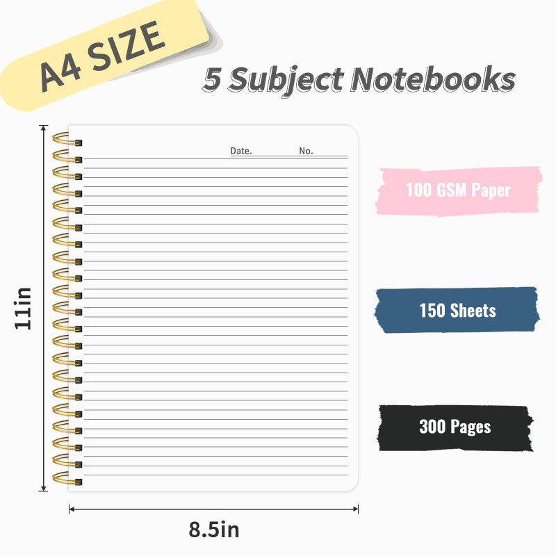 Ouzoustate 5 Subject Notebook College Ruled, 300 Pages A4 Hardcover Spiral Notebook with Removable Dividers Tabs, 8.5" x 11" Large 100GSM Lined Journal Notebooks for Work School - Image 2