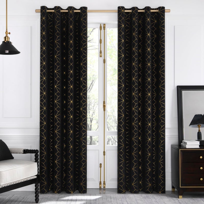 Beauoop 100 Blackout Curtains 84 Inches Long for Bedroom Living Room Moroccan Gold Patterned Drapes Thermal Insulated Grommet Top Window Treatment Panels Set of 2 BlackGold