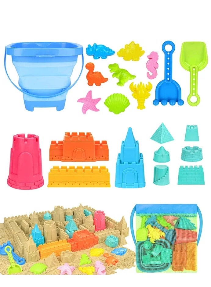 Sand kids Castle theme Beach play Toys，, Collapsible Sand Bucket，Shovels Set，with Mesh storage Bag, Sand Castle toy set, Dinosaur and Marine Animal Modeling Module，for Toddlers Kids Age 3-10 - Image 1