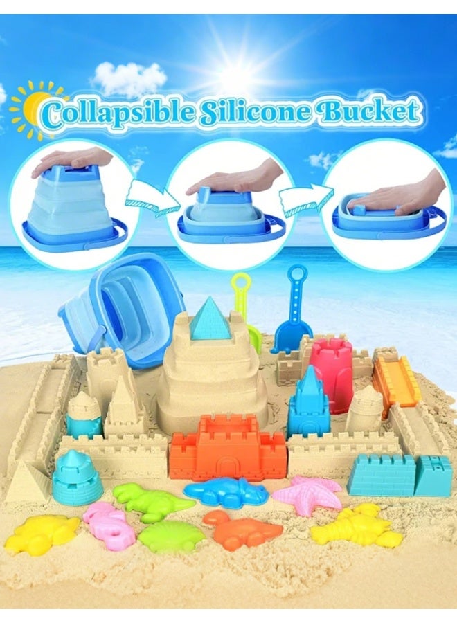 Sand kids Castle theme Beach play Toys，, Collapsible Sand Bucket，Shovels Set，with Mesh storage Bag, Sand Castle toy set, Dinosaur and Marine Animal Modeling Module，for Toddlers Kids Age 3-10 - Image 2
