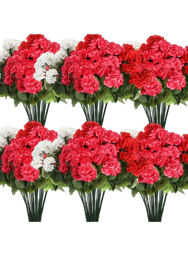 Giegxin 8 Pack 18'' Artificial Geranium Flowers for Outdoors 72 Bushes Fake Geraniums Silk Flowers UV Resistant Garden Faux Plants Full Blooms Bushes for Garden Home Decor(Ruby Red, Deep Pink, White) - Image 1