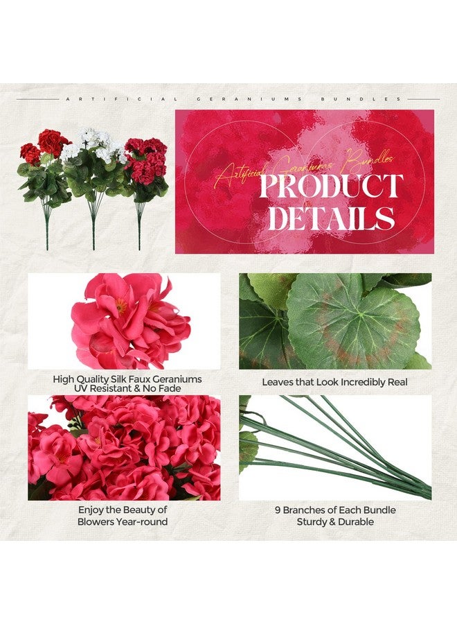 Giegxin 8 Pack 18'' Artificial Geranium Flowers for Outdoors 72 Bushes Fake Geraniums Silk Flowers UV Resistant Garden Faux Plants Full Blooms Bushes for Garden Home Decor(Ruby Red, Deep Pink, White) - Image 5