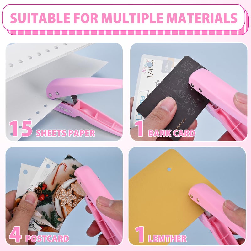Cgerma Single Hole Punch, 1/4" Hole Punches, 50% Labor Savings, Paper Hole Puncher, 15 Sheet Capacity, for Paper Cards Plastic Cardboard, Lightweight, Pink - Image 5