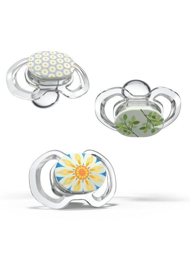 Smilo Baby Pacifier - 3 Pack of Slimline Pacifiers for Babies - Stage 3 for Babies 9+ Months - 100% Silicone Pacifier and BPA Free - Glow in The Dark - Spring Sunflower Edition - Image 1