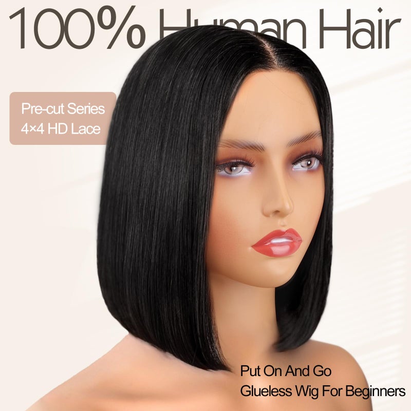AISI Bob Wig Human Hair Glueless Wigs Pre Plucked Pre Cut Bleached Invisible Knots 180% Density Short Straight Wigs for Black Women Bob Wigs Glueless Lace Front Wigs Human Hair with Elastic Band 10 Inch - Image 2