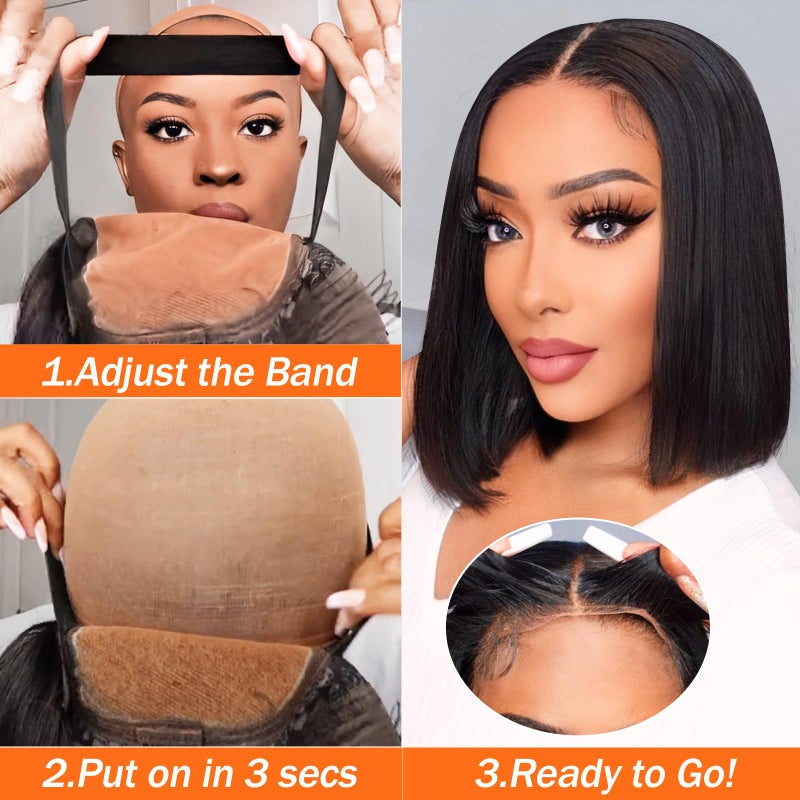 AISI Bob Wig Human Hair Glueless Wigs Pre Plucked Pre Cut Bleached Invisible Knots 180% Density Short Straight Wigs for Black Women Bob Wigs Glueless Lace Front Wigs Human Hair with Elastic Band 10 Inch - Image 3