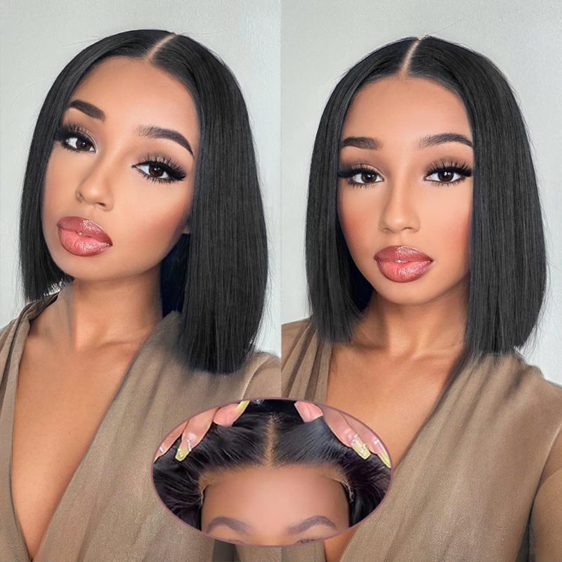 AISI Bob Wig Human Hair Glueless Wigs Pre Plucked Pre Cut Bleached Invisible Knots 180% Density Short Straight Wigs for Black Women Bob Wigs Glueless Lace Front Wigs Human Hair with Elastic Band 10 Inch - Image 1