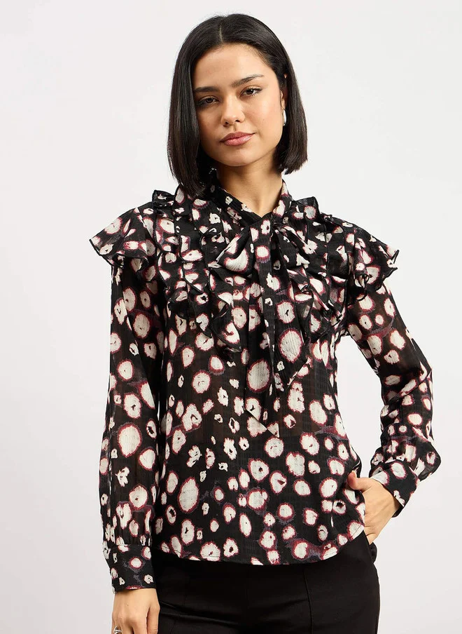 Salt Attire SALT ATTIRE Floral Print Tie-Up Neck Georgette Top