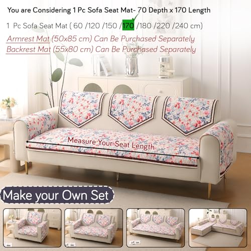 HOKIPO 'Florentina Series' Foam Filled Premium Holland Velvet Antiskid Sofa Cover Mat for 1/2/3 Seater & L-Shape Sofa. Make Your Own Set, Mat 70(D) x 170(L) cm, Scarlet Rose Ivory (IN-881-V4) - Image 4