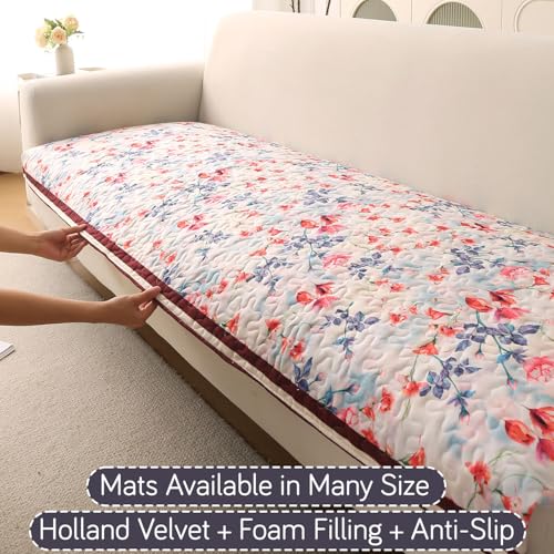 HOKIPO 'Florentina Series' Foam Filled Premium Holland Velvet Antiskid Sofa Cover Mat for 1/2/3 Seater & L-Shape Sofa. Make Your Own Set, Mat 70(D) x 170(L) cm, Scarlet Rose Ivory (IN-881-V4) - Image 2