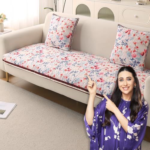 HOKIPO 'Florentina Series' Foam Filled Premium Holland Velvet Antiskid Sofa Cover Mat for 1/2/3 Seater & L-Shape Sofa. Make Your Own Set, Mat 70(D) x 170(L) cm, Scarlet Rose Ivory (IN-881-V4) - Image 1