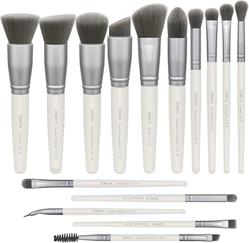 Raffaello ZOREYA Makeup Brushes - 15 Pcs Premium Bamboo Charcoal Infused Bristles Makeup Brush Set, Foundation Concealers Eye Shadows Make Up Brush,Eyeliner Brushes(White) - Image 1