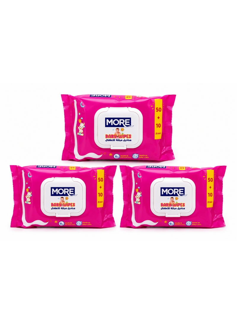 Offer of 3 packs of More baby wipes, 50 + 10 = 60 wipes x 3 packs for 180 wipes