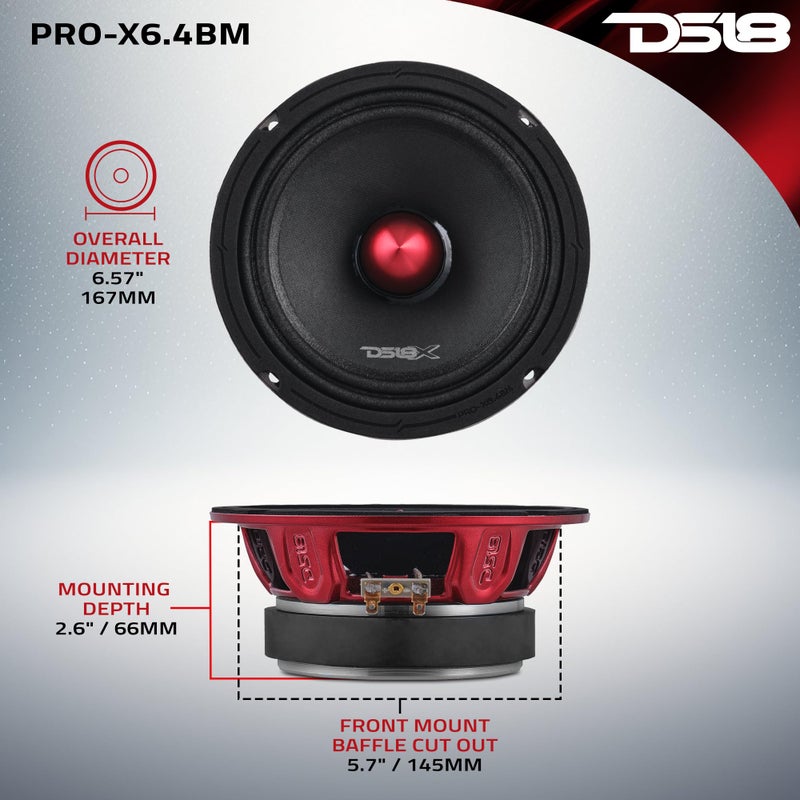 DS18 PRO-X6.4BM 6.5â€ Mid-Range Loudspeaker with Bullet 250 Watts RMS, 500 Watts Max Power, 4-Ohm - 6.5 inch Car Speakers for Pro Audio Builds - Image 4