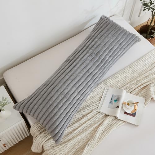 Memfydu Full Body Pillow with Fluffy Stripe Faux Fur Removable Cover, Long Bed Pillow Adult 20x54 Inches for Side Sleeper and Pregnancy, Gray. - Image 3