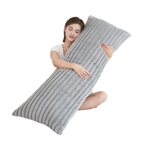 Memfydu Full Body Pillow with Fluffy Stripe Faux Fur Removable Cover, Long Bed Pillow Adult 20x54 Inches for Side Sleeper and Pregnancy, Gray. - Image 1