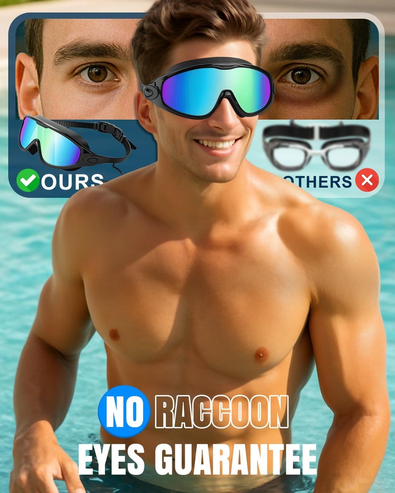 Rantizon Swim Goggles 2 Pack, Adjustable Wide View Anti Fog&UV Swimming Goggles for Audlt, No Leaking Swim Glasses for Men Women Youth, Aqua & Bright Silver - Image 2