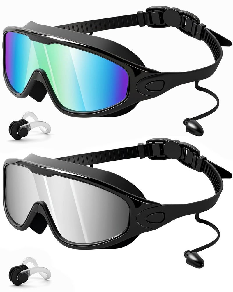 Rantizon Swim Goggles 2 Pack, Adjustable Wide View Anti Fog&UV Swimming Goggles for Audlt, No Leaking Swim Glasses for Men Women Youth, Aqua & Bright Silver - Image 1