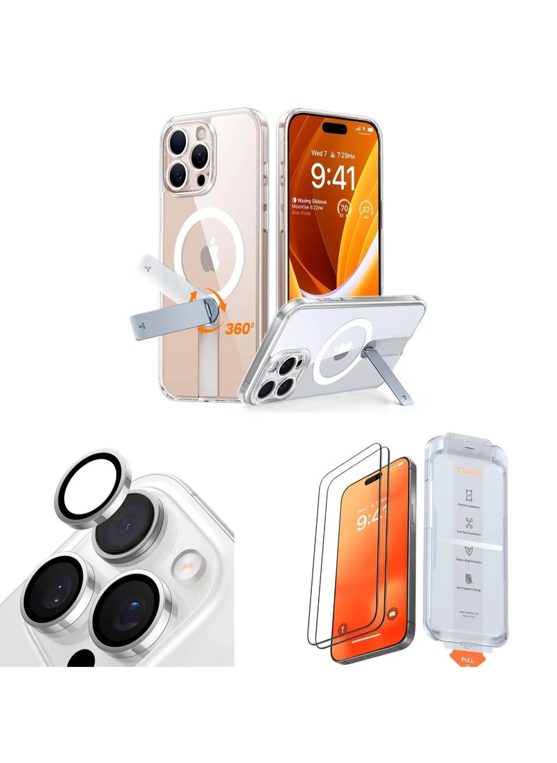 TORRAS - 3-In-1 Bundle: 360° Stand Magnetic Case For iPhone 16 Pro Max, [Full Camera Protection] [Compatible With Magsafe] [16Ft Mil-Grade Drop Protection]. Case For iPhone 16 Pro Max (6.9") Includes A Magnetic Kickstand Case + Full Screen Protector + Camera Lens Guard. Diamond Clear - Image 1