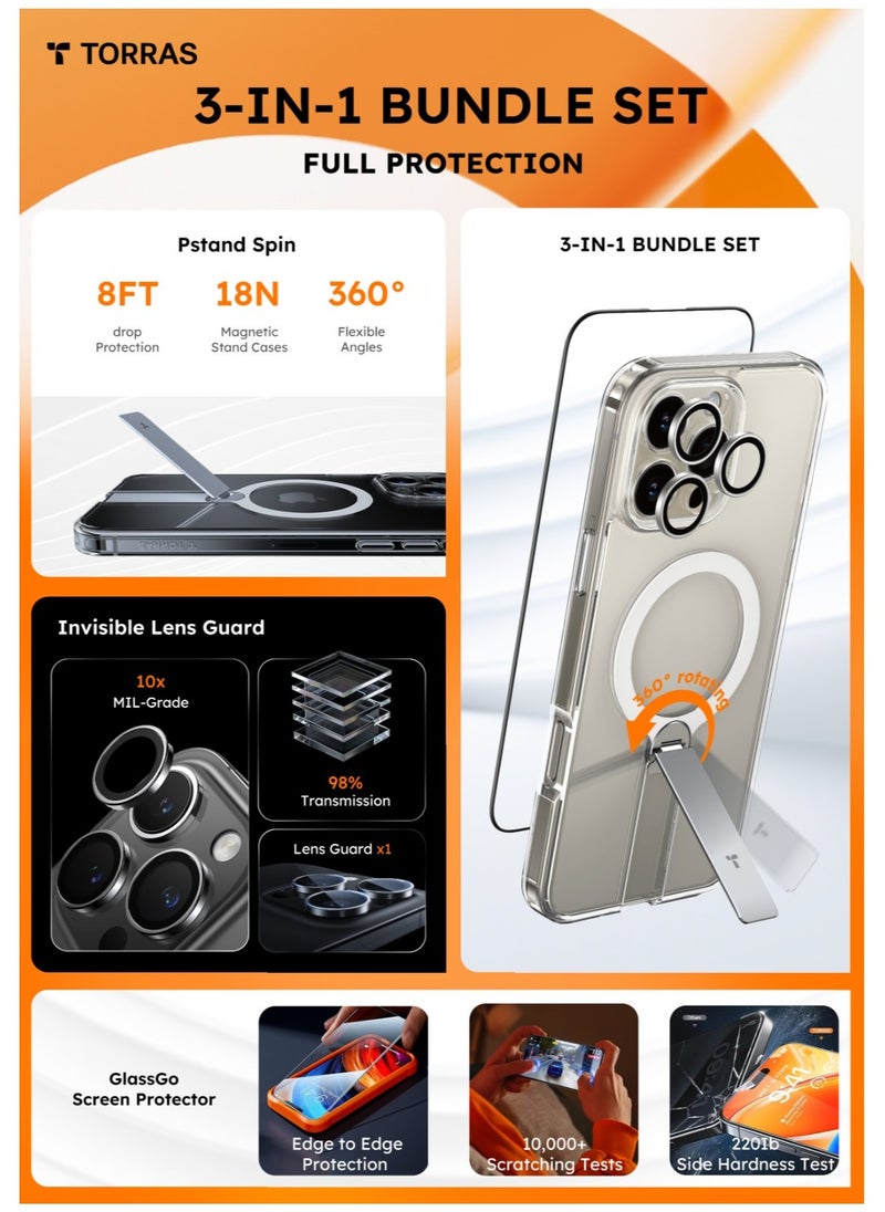 TORRAS - 3-In-1 Bundle: 360° Stand Magnetic Case For iPhone 16 Pro Max, [Full Camera Protection] [Compatible With Magsafe] [16Ft Mil-Grade Drop Protection]. Case For iPhone 16 Pro Max (6.9") Includes A Magnetic Kickstand Case + Full Screen Protector + Camera Lens Guard. Diamond Clear - Image 1