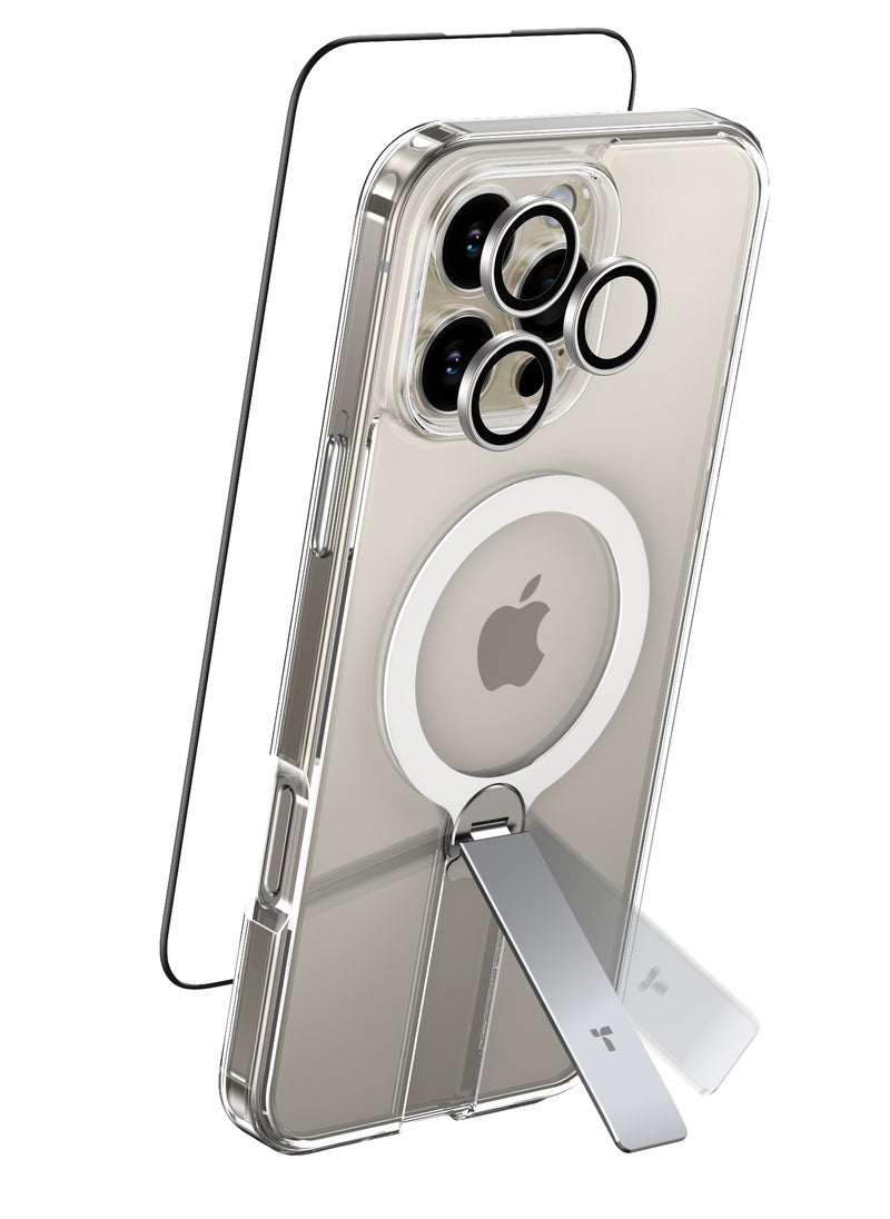 TORRAS - 3-In-1 Bundle: 360° Stand Magnetic Case For iPhone 16 Pro Max, [Full Camera Protection] [Compatible With Magsafe] [16Ft Mil-Grade Drop Protection]. Case For iPhone 16 Pro Max (6.9") Includes A Magnetic Kickstand Case + Full Screen Protector + Camera Lens Guard. Diamond Clear - Image 1