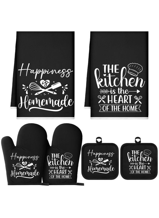 Sratte Sratte 6 Pcs Farmhouse Kitchen Towels Pot Holders Oven Mitts Set 2 Dish Towels 2 Potholders 2 Cooking Mittens Oven Glove for Baking Cooking Grilling Supply (Black)  - Image 1