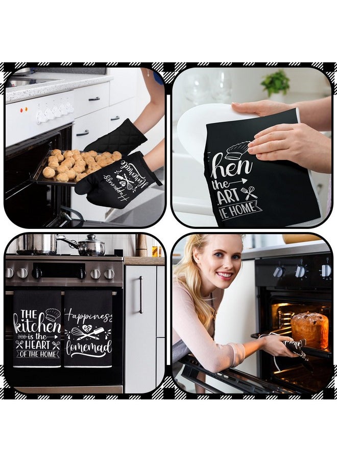 Sratte Sratte 6 Pcs Farmhouse Kitchen Towels Pot Holders Oven Mitts Set 2 Dish Towels 2 Potholders 2 Cooking Mittens Oven Glove for Baking Cooking Grilling Supply (Black)  - Image 4