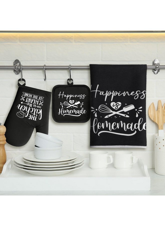 Sratte Sratte 6 Pcs Farmhouse Kitchen Towels Pot Holders Oven Mitts Set 2 Dish Towels 2 Potholders 2 Cooking Mittens Oven Glove for Baking Cooking Grilling Supply (Black)  - Image 2