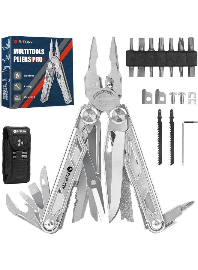 BIBURY Pliers Multitool, Stainless Steel Multipurpose Knife with Scissors and Screwdriver Set, Portable Folding Pliers for Outdoor Work, Camping, Repair - Pro - Image 4