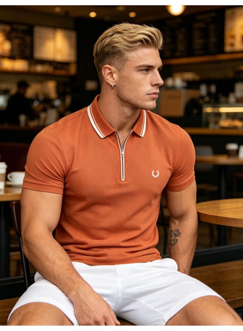 Fred Perry wheat ear stereo standard half zipper Polo shirt for men and women with the same contrast collar business casual short sleeve T-shirt. - Image 1