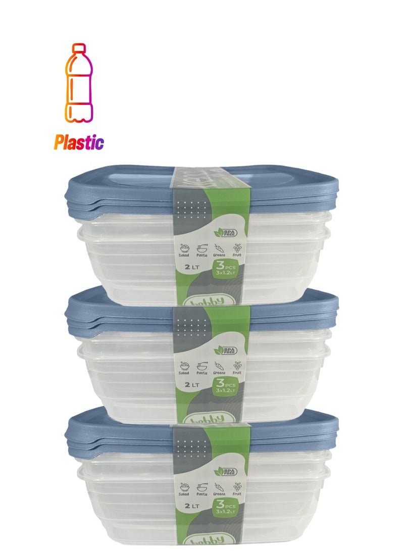 هوبي طقم حافظات طعام مستطيلة 9 قطع 2لتر أزرق - Image 1