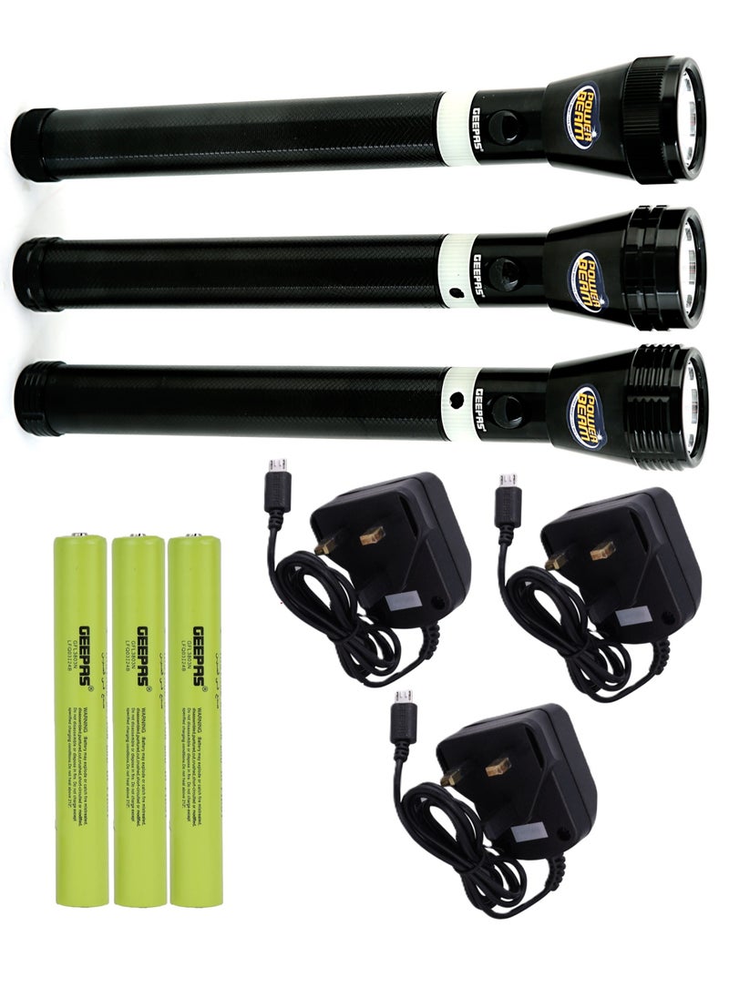 GEEPAS Rechargeable LED Flashlight (3 In 1) Family Pack 253MM Hyper Bright Cool White LED 2000 Meters Range Aircraft Grade Aluminum Body Water Proof, Ideal for Trekking, Camping, Hiking and Emergency etc GFL4622N  - Image 4