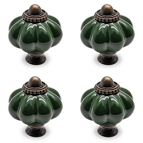 Seimneire 4pcs Dark Green Pumpkin Knobs, Vintage Ceramic Cabinet Dresser Pulls with Mounting Screws - Image 1