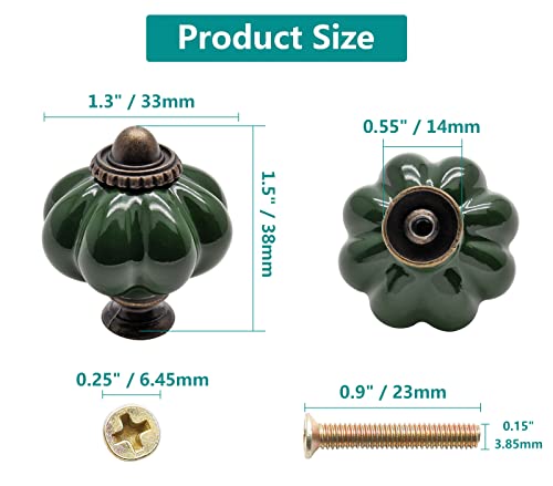 Seimneire 4pcs Dark Green Pumpkin Knobs, Vintage Ceramic Cabinet Dresser Pulls with Mounting Screws - Image 5