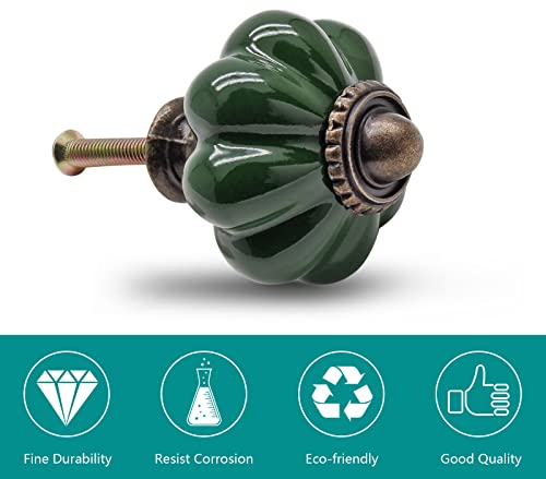 Seimneire 4pcs Dark Green Pumpkin Knobs, Vintage Ceramic Cabinet Dresser Pulls with Mounting Screws - Image 4