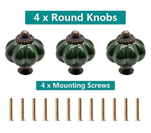 Seimneire 4pcs Dark Green Pumpkin Knobs, Vintage Ceramic Cabinet Dresser Pulls with Mounting Screws - Image 2