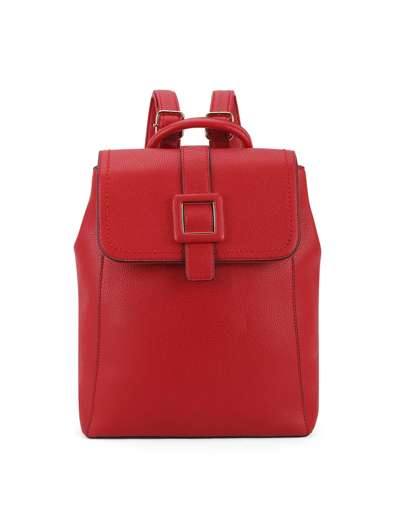 Globus Women Red Textured Contrast & Buckle Detail Yoke Style Strap Medium Backpack